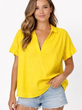 Cali Yellow Cotton Blouse Relaxed Fit Lightweight Short Sleeve Size L